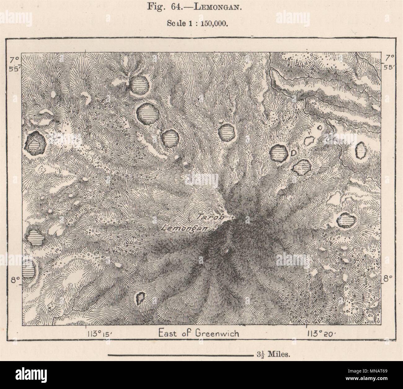 Mont Lamongan, Java, Indonésie. East Indies 1885 ancienne carte graphique plan Banque D'Images