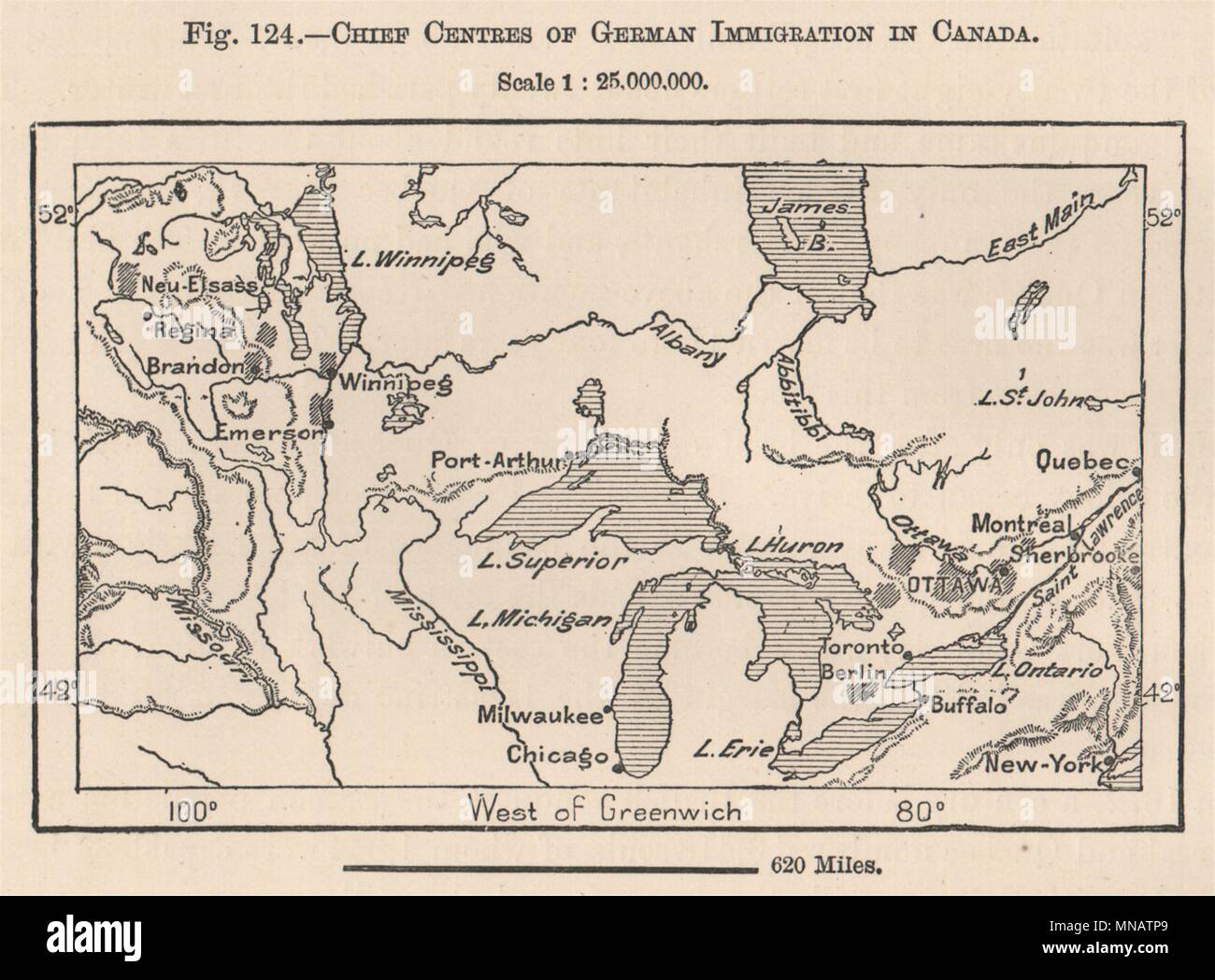 Chef de centres d'immigration allemande au Canada 1885 ancienne carte graphique plan Banque D'Images