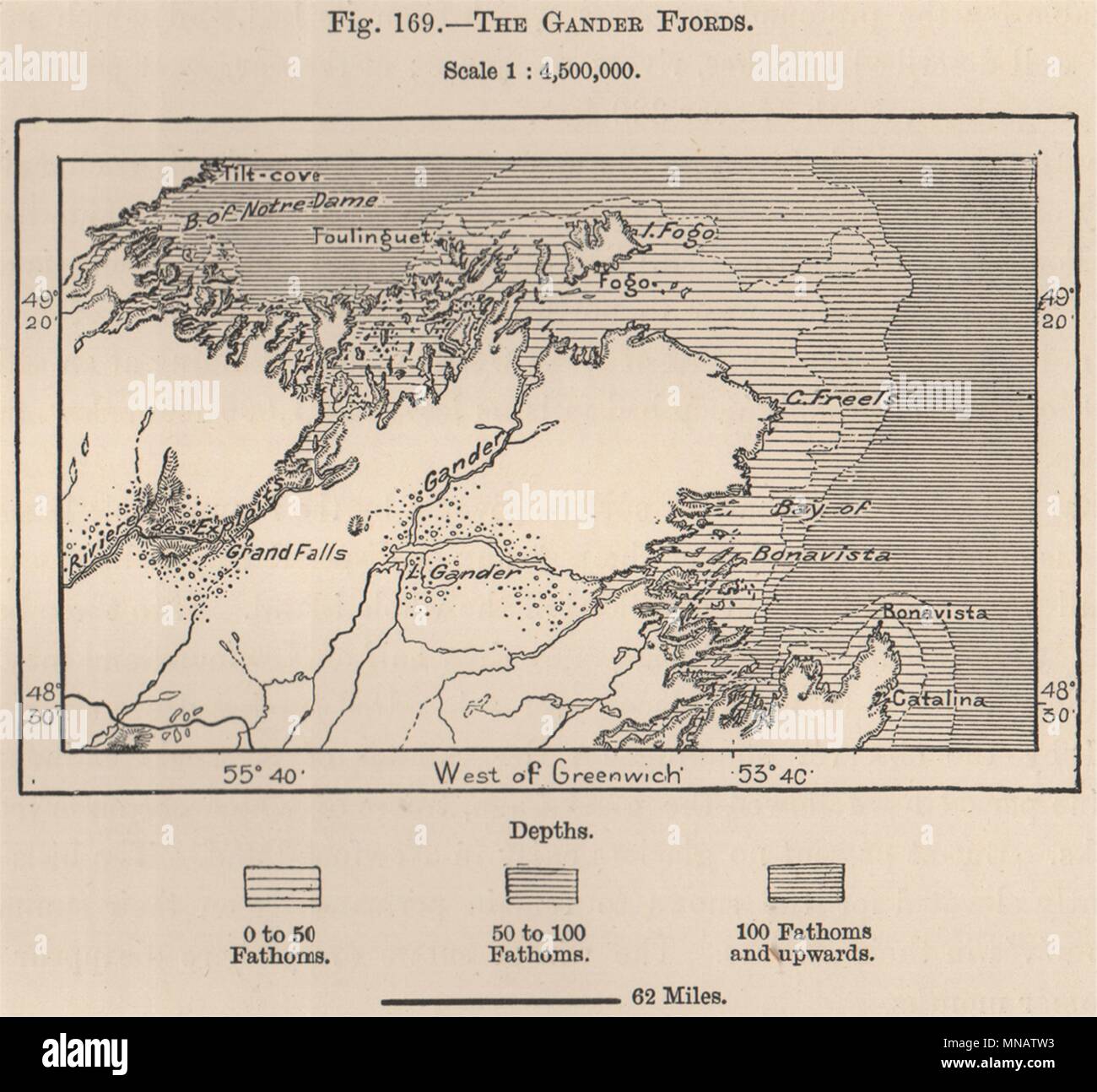 La Gander fjords. Canada 1885 ancienne carte graphique plan vintage Banque D'Images