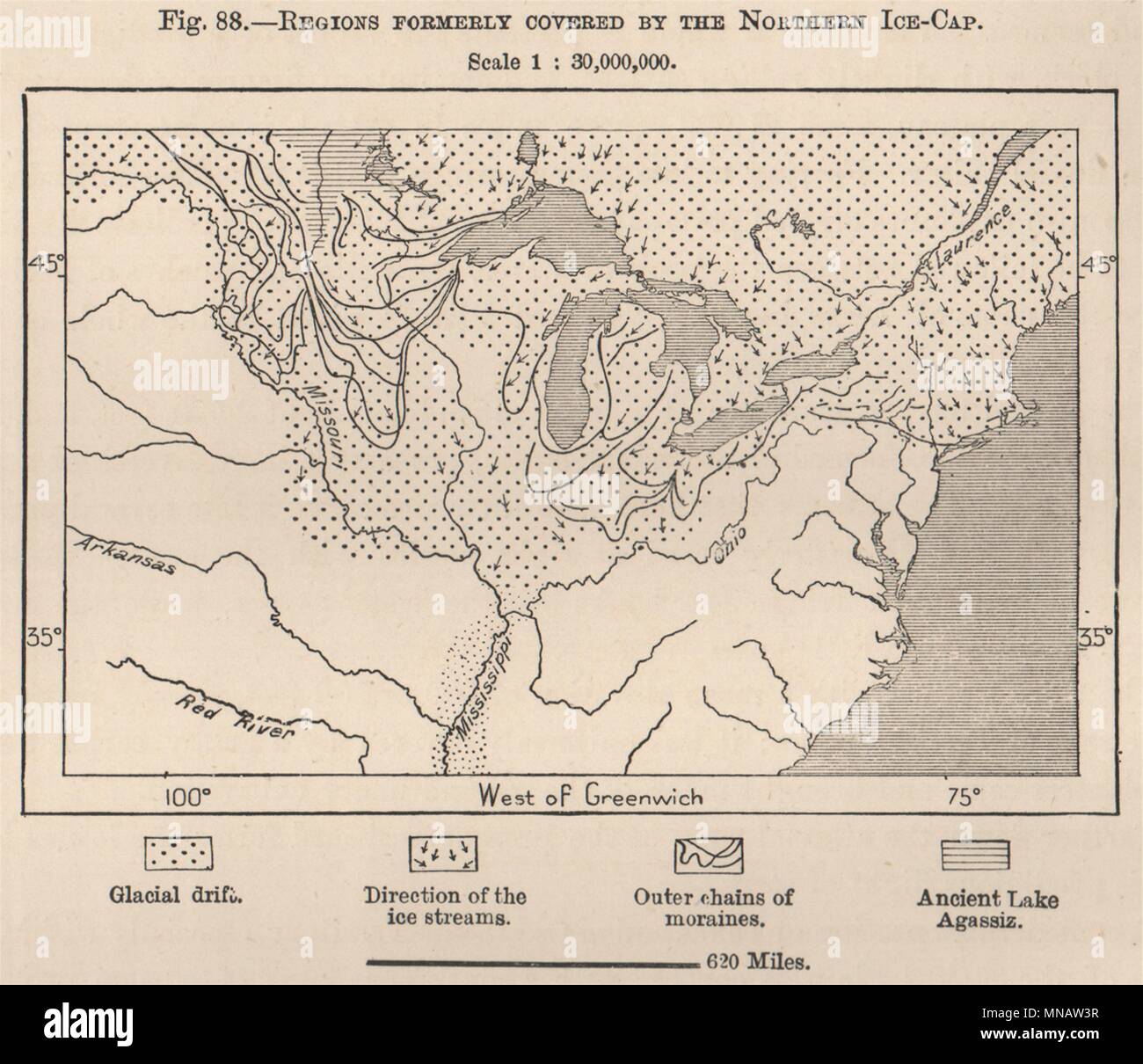 Régions anciennement couverts par la calotte de glace du Nord. Amérique du Nord 1885 Ancien site Banque D'Images