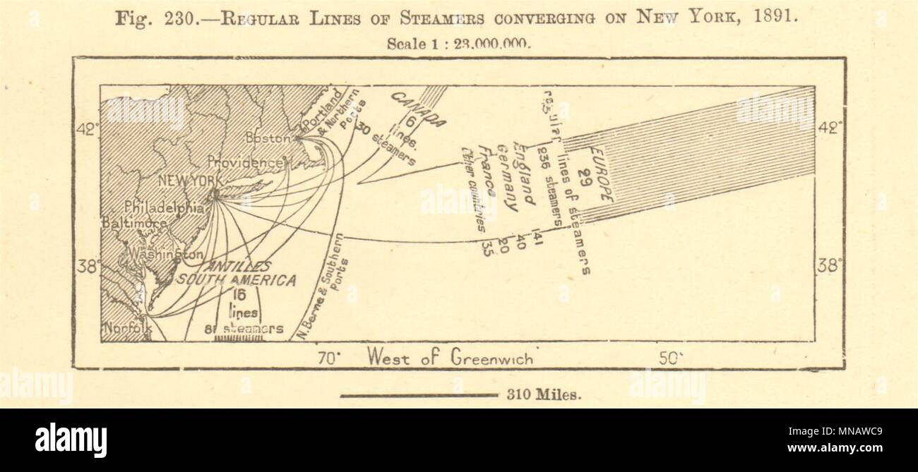 Des lignes régulières de paquebots convergeant sur New York,1891.United States 1885 map Banque D'Images
