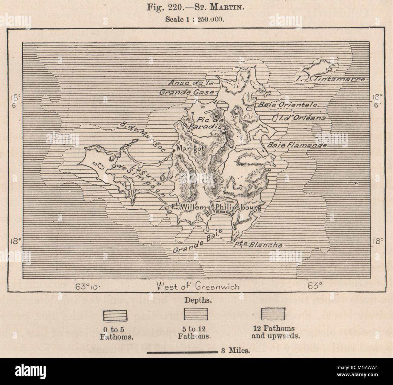 Saint Martin. West Indies. Les Petites Antilles 1885 ancienne carte graphique plan Banque D'Images