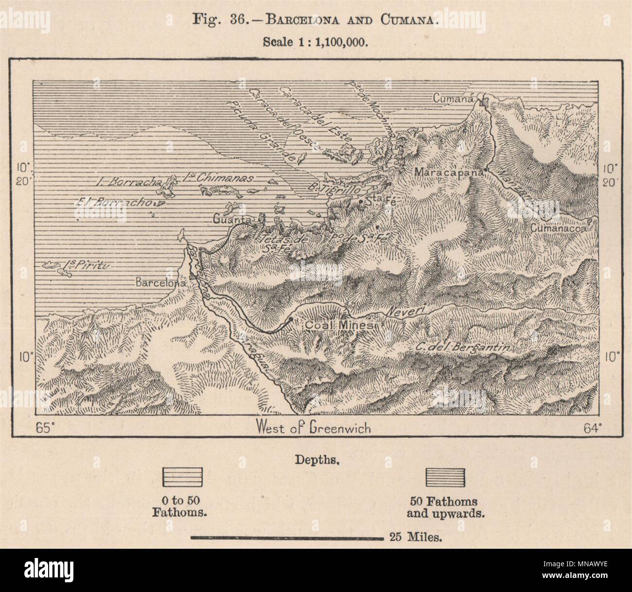 Barcelone et Cumana. Venezuela 1885 ancienne carte graphique plan vintage Banque D'Images