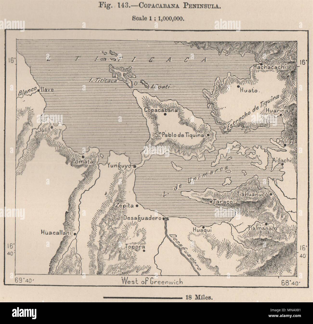 La péninsule de Copacabana, le lac Titicaca. Les États andins. La Bolivie Pérou 1885 Ancien site Banque D'Images