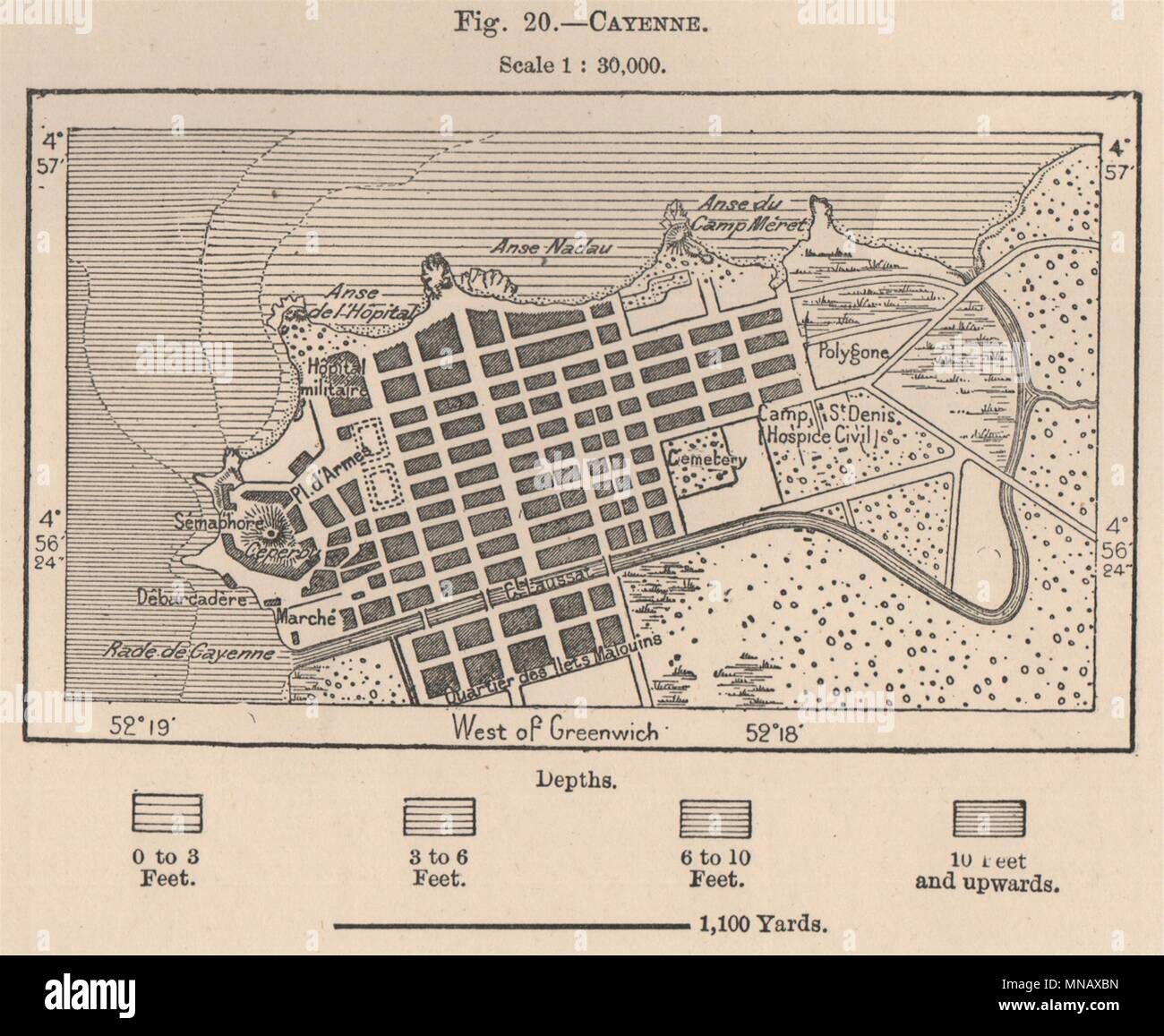 De Cayenne. Guyane 1885 ancienne carte graphique plan vintage Banque D'Images