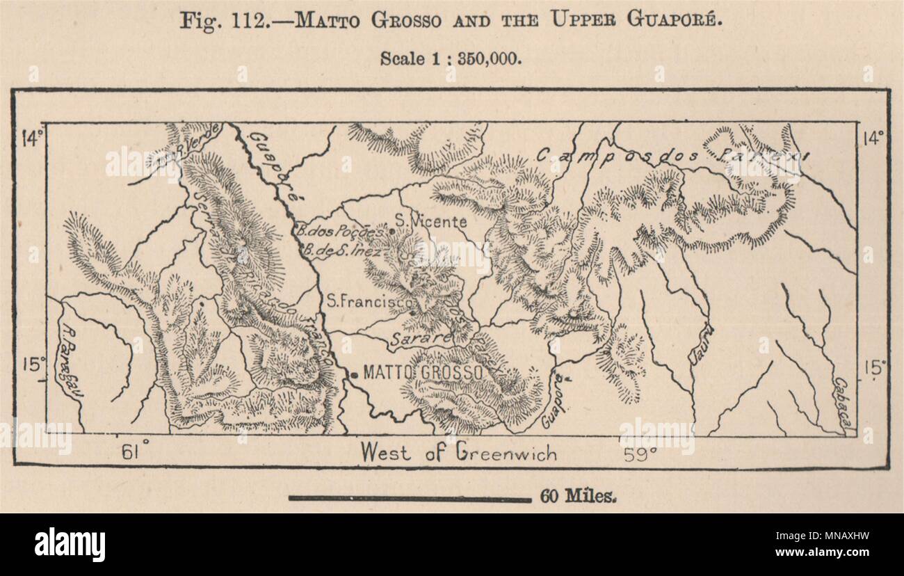 Mato Grosso et la partie supérieure de Guaporé. Brésil 1885 ancienne carte graphique plan Banque D'Images