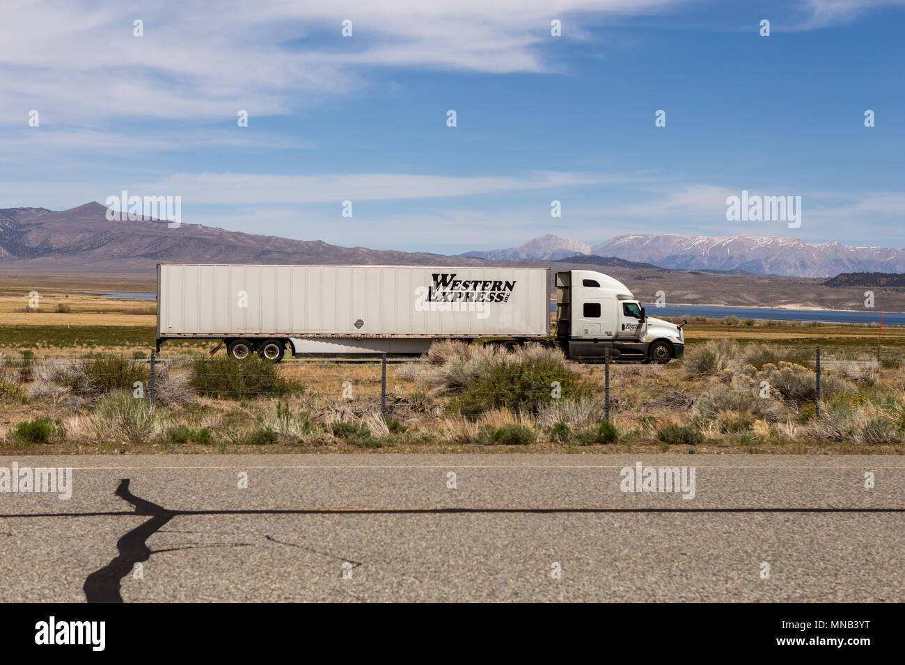 Un Western Express big rig truck voyageant au sud sur la route 395 avec Crowley lake California USA dans l'arrière-plan Banque D'Images