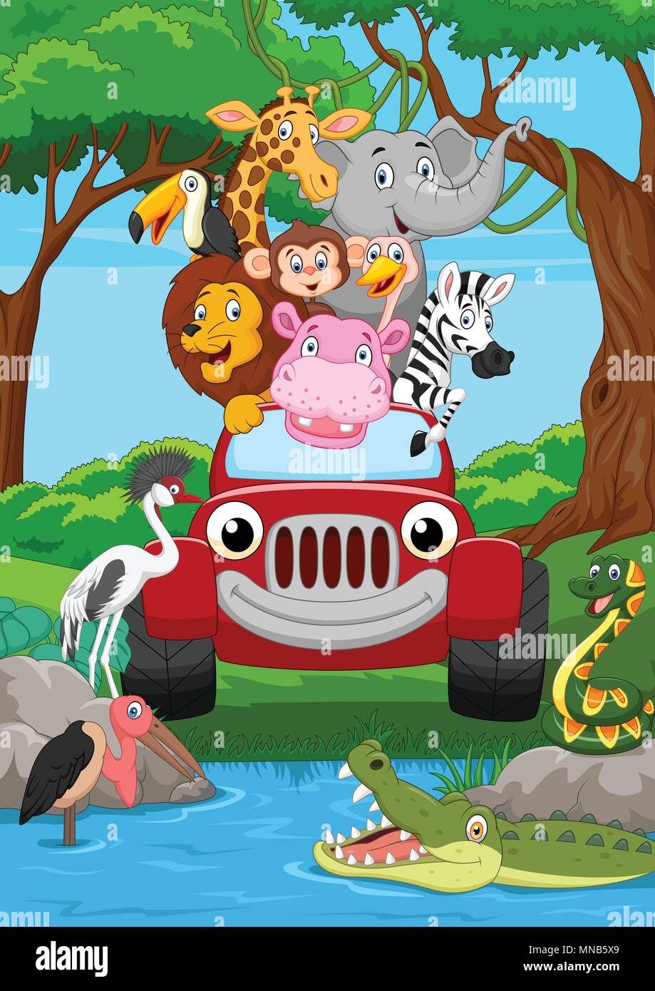Cartoon animal sauvage équitation une voiture rouge dans la jungle Illustration de Vecteur