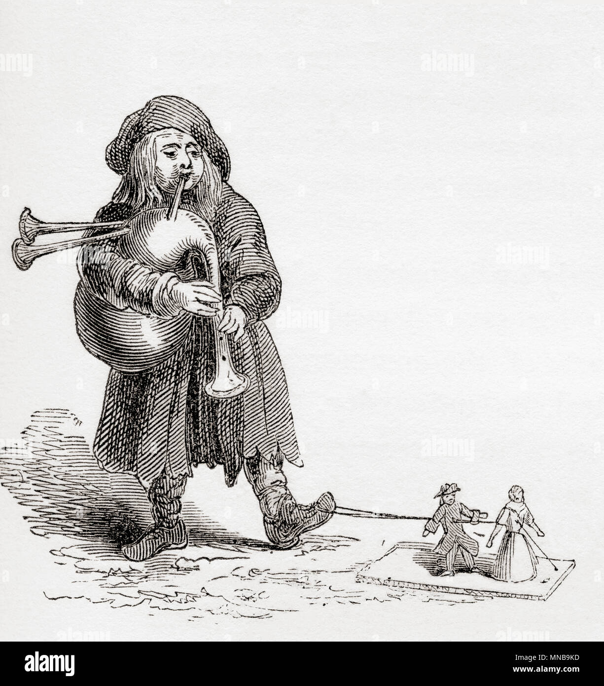 Poupée danseuse, un 19e siècle parc d'attraction. L'homme a travaillé les poupées à l'aide d'une chaîne enroulée autour de son pied, tout en jouant de la cornemuse. À partir de la vieille Angleterre : A Pictorial Museum, publié 1847. Banque D'Images