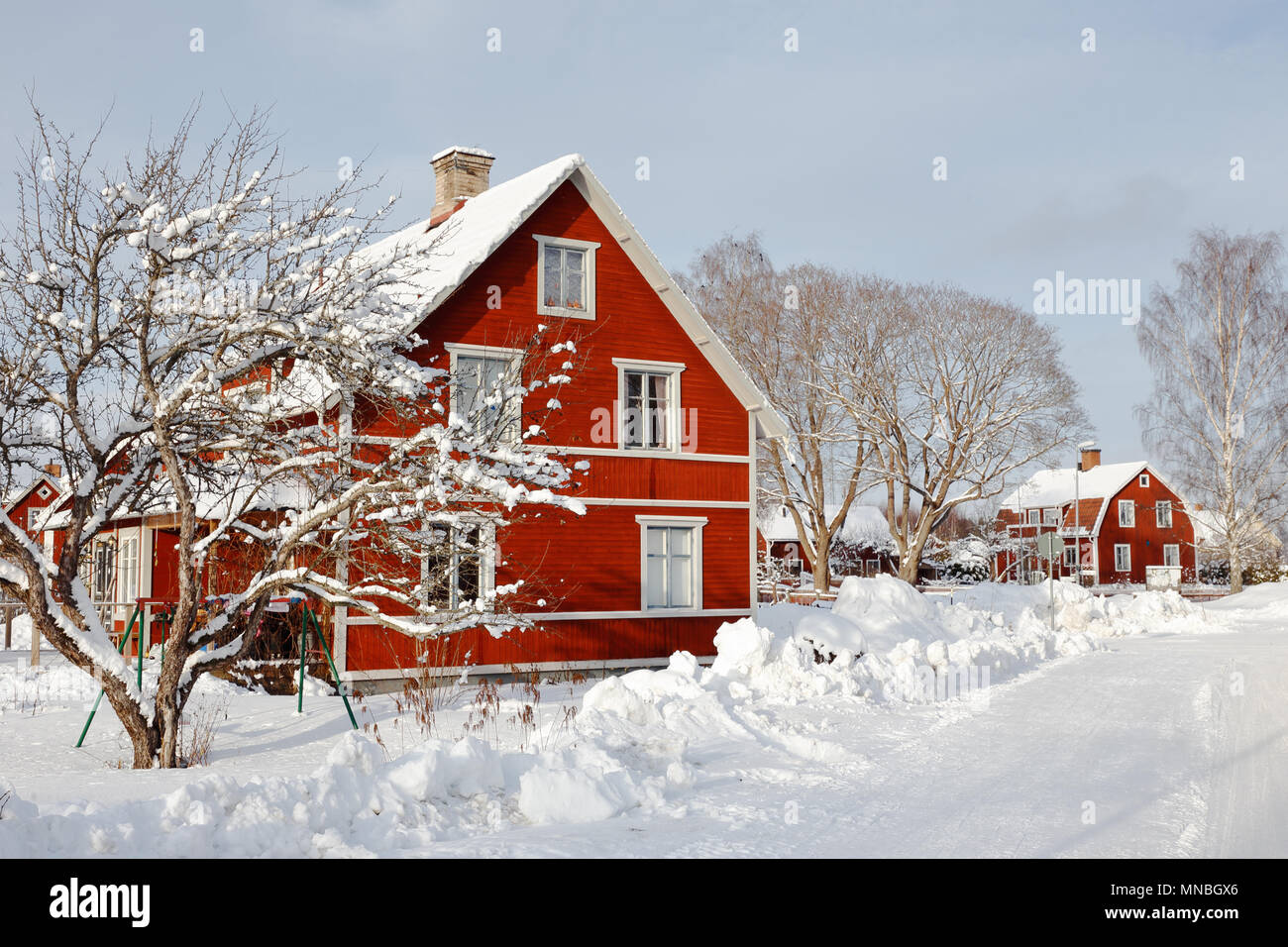 Deux storeywooden rouge suédoise famille maisons derrière un arbre couvert de neige le long de la surface de la neige Road dans la zone résidentielle au cours de la mer d'hiver Banque D'Images