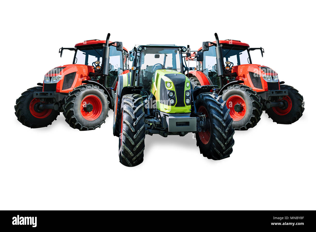 Groupe de nouveaux tracteurs agricoles modernes et generic isolé sur fond blanc (mixte) Banque D'Images