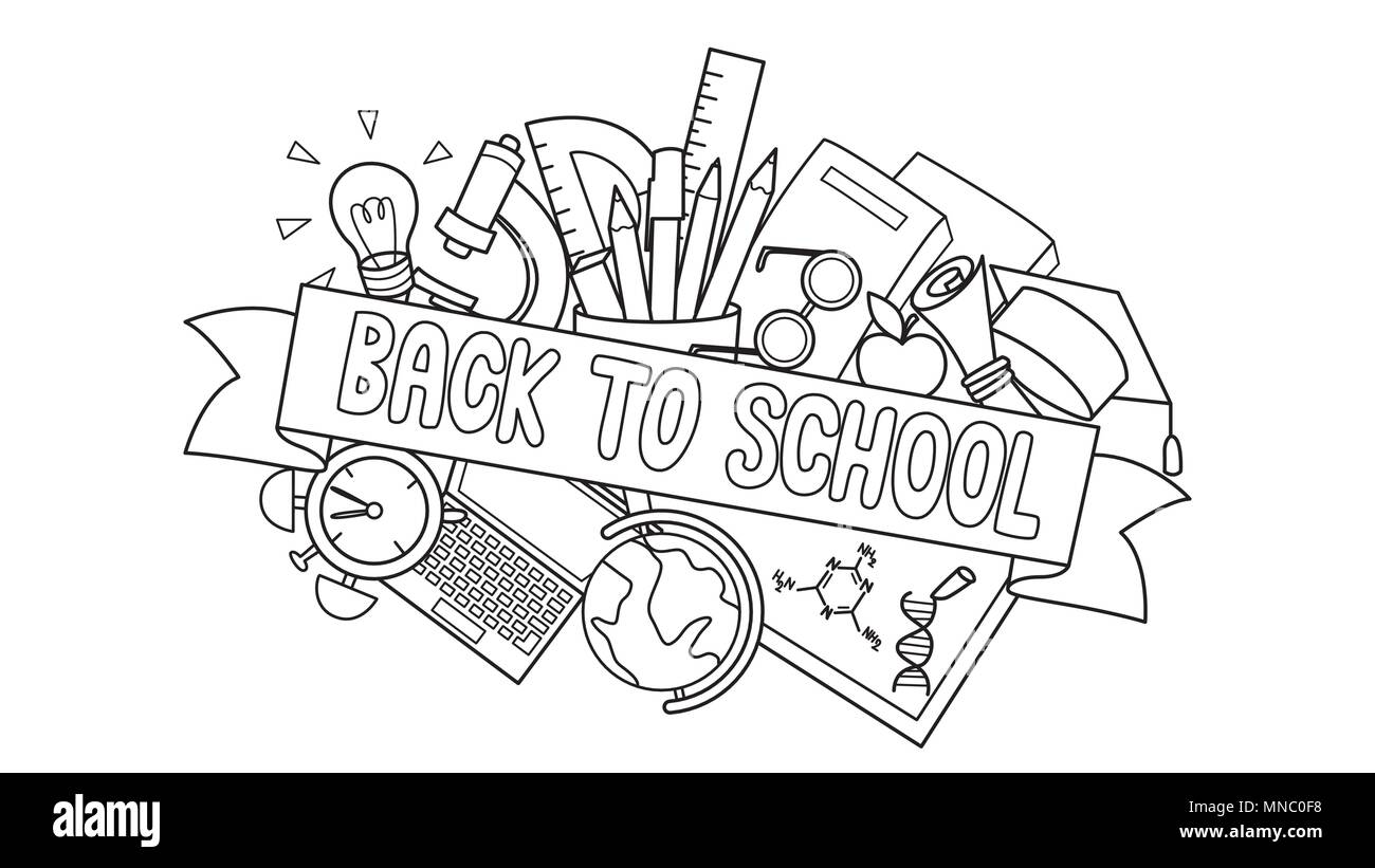 Doodle de fournitures avec étiquette Retour à l'école à l'avant pour l'élément de conception et la page à colorier pour les enfants. Vector illustration Illustration de Vecteur