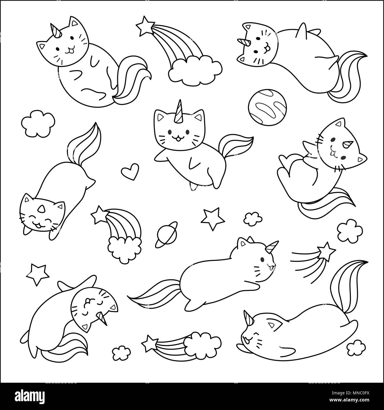 Hand drawn cute cats unicorn flying avec des étoiles et des nuages pour la conception et l'élément de la page à colorier pour les enfants ou adolescents. Illustration de Vecteur