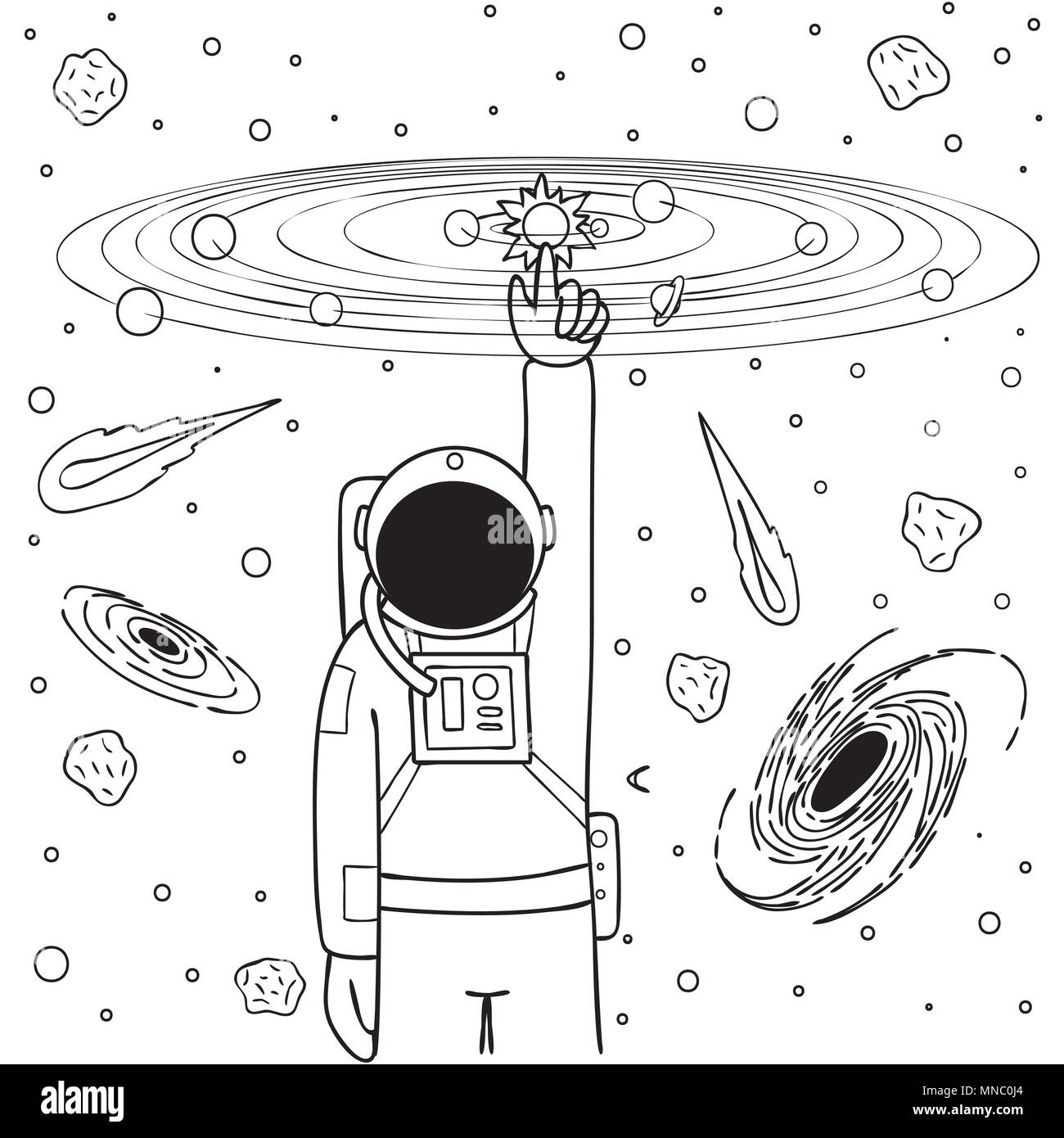L'astronaute mignon dessiné à la main puis sun touch et de l'équilibre du système solaire, de conception pour l'élément de conception et la page à colorier pour les enfants et adultes,vector illu Illustration de Vecteur
