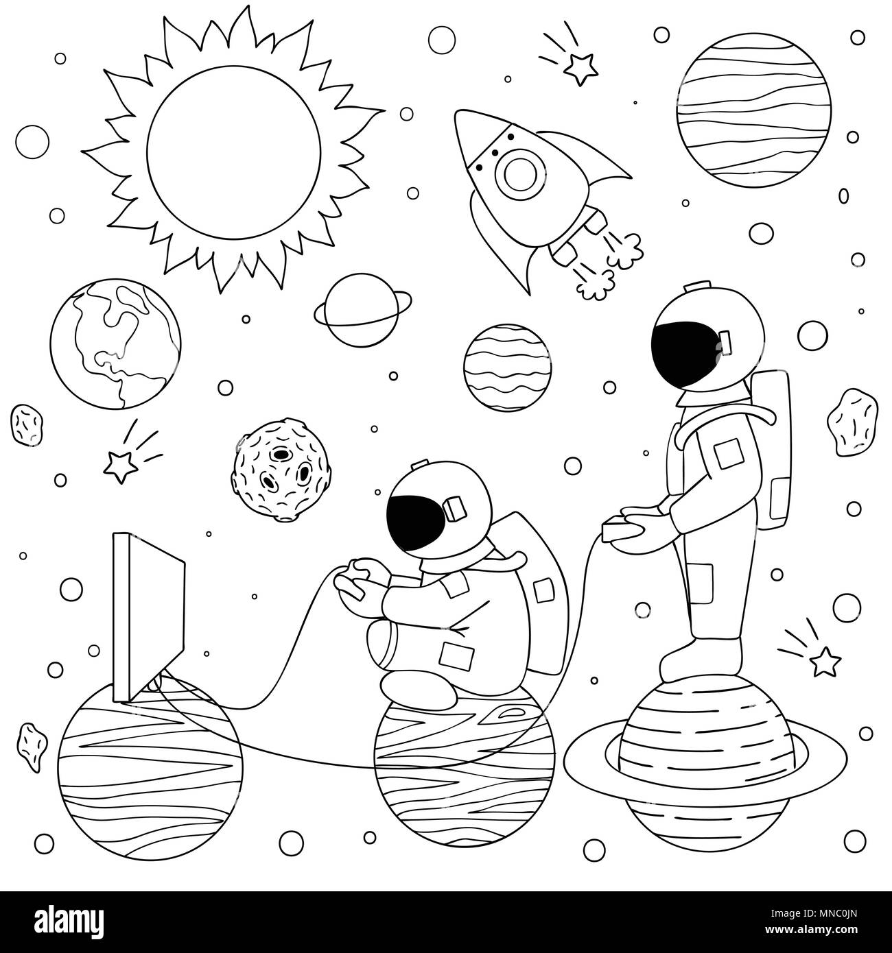 Deux astronautes drôle dessinés à la main, jouer à des jeux vidéo sur l'espace pour l'élément de conception, d'impression sur les jeux vidéos et la page à colorier. Vector illustration Illustration de Vecteur