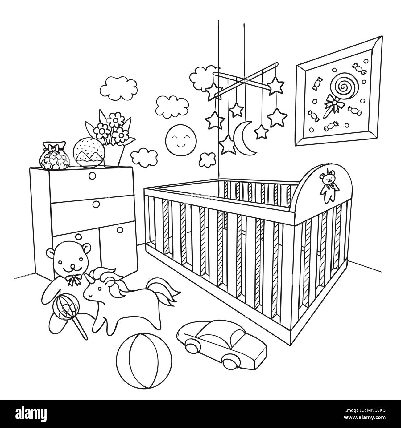Chambre Bebe Dessine A La Main Pour La Conception Et L Element De La Page A Colorier Vector Illustration Image Vectorielle Stock Alamy