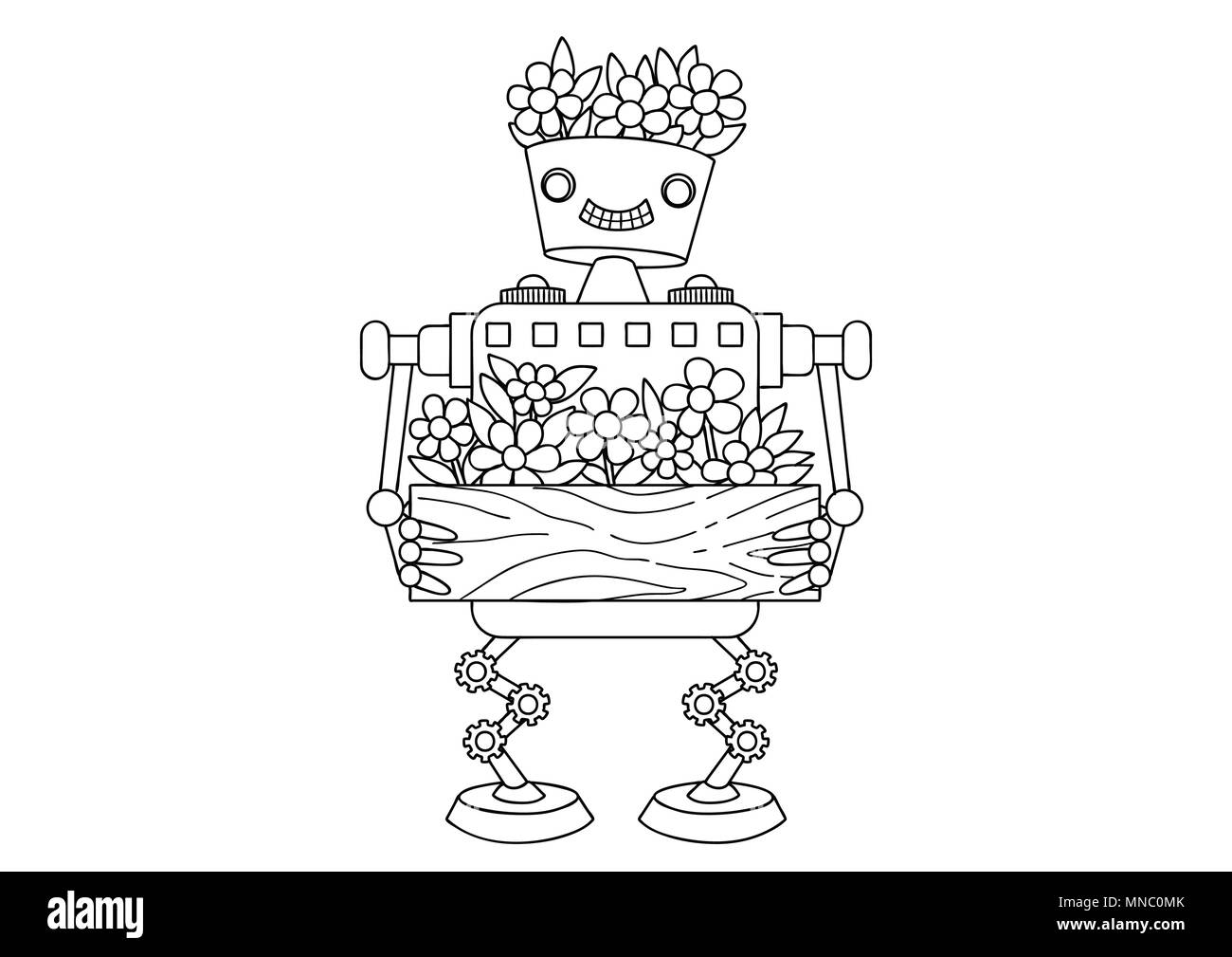 Hand drawn cute nature friendly robot pour l'élément de conception et la page à colorier pour les enfants et les adultes. Vector illustration Illustration de Vecteur