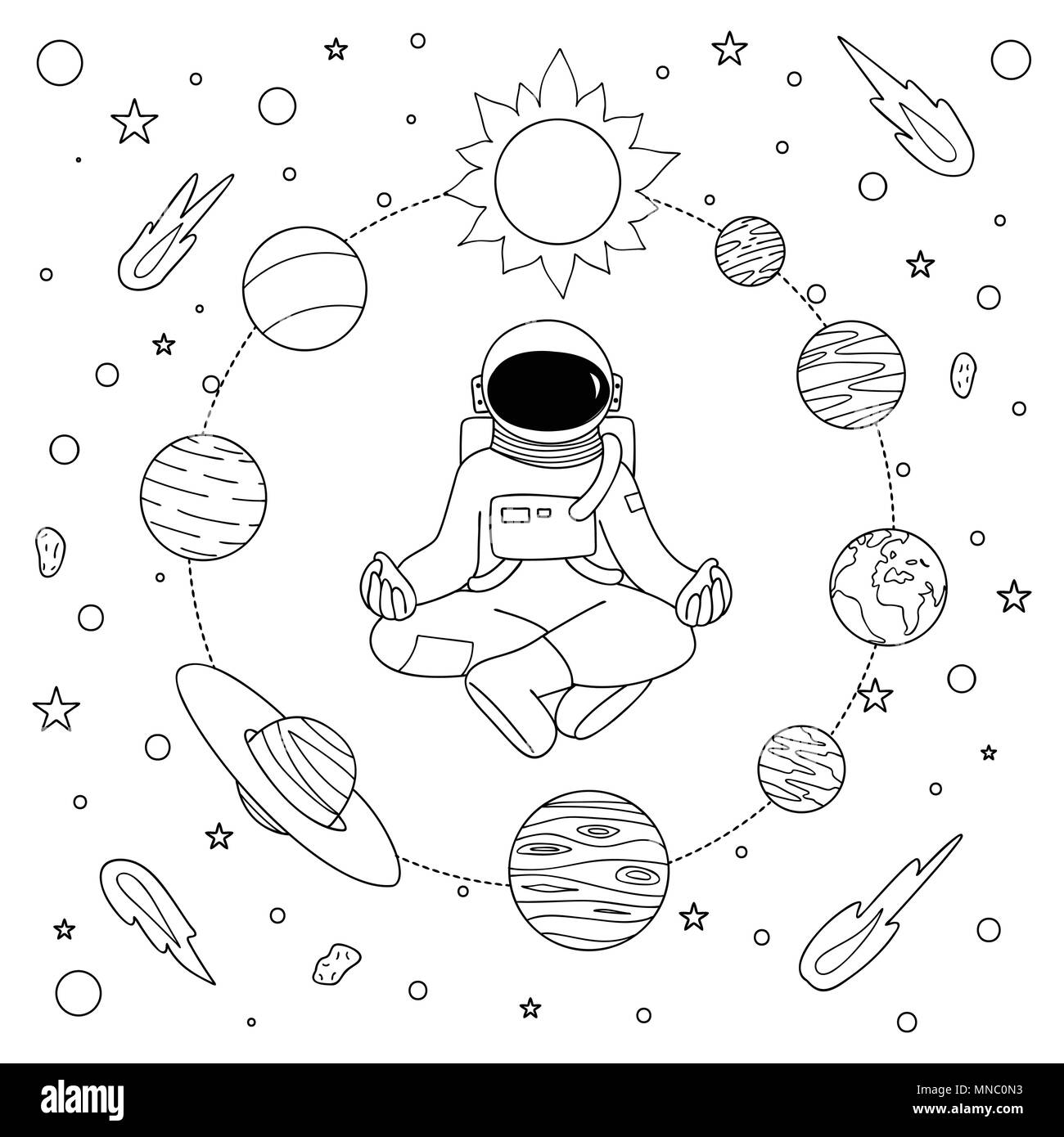 La main astronoaut faisant la méditation entre système solaire pour la conception et l'élément de la page à colorier. Vector illustration Illustration de Vecteur