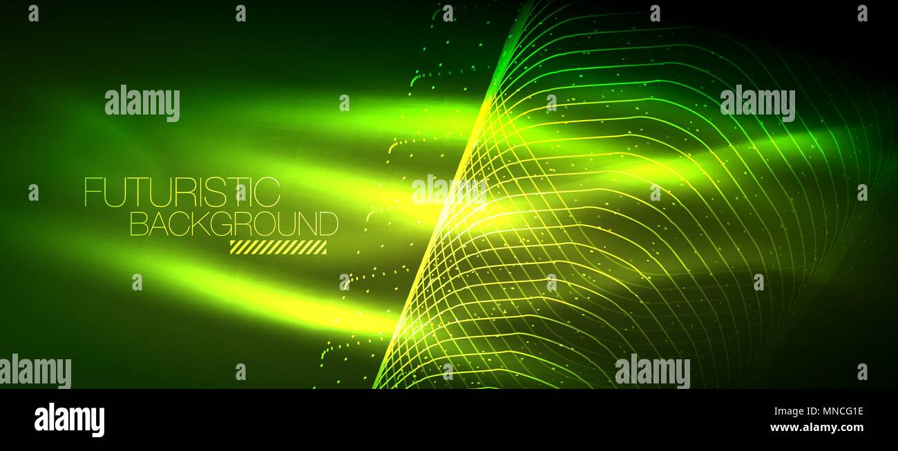 Hi-tech techno futuriste, l'arrière-plan des formes au néon et points. Hi-tech techno futuriste, l'arrière-plan des formes au néon et points. Connexion Technologie, big data, couleur verte, structure en pointillés Illustration de Vecteur