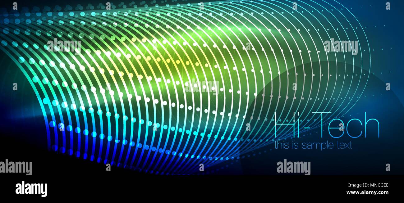 Hi-tech techno futuriste, l'arrière-plan des formes au néon et points. Hi-tech techno futuriste, l'arrière-plan des formes au néon et points. Connexion Technologie, big data, parsemé de couleurs bleu vert, structure Illustration de Vecteur