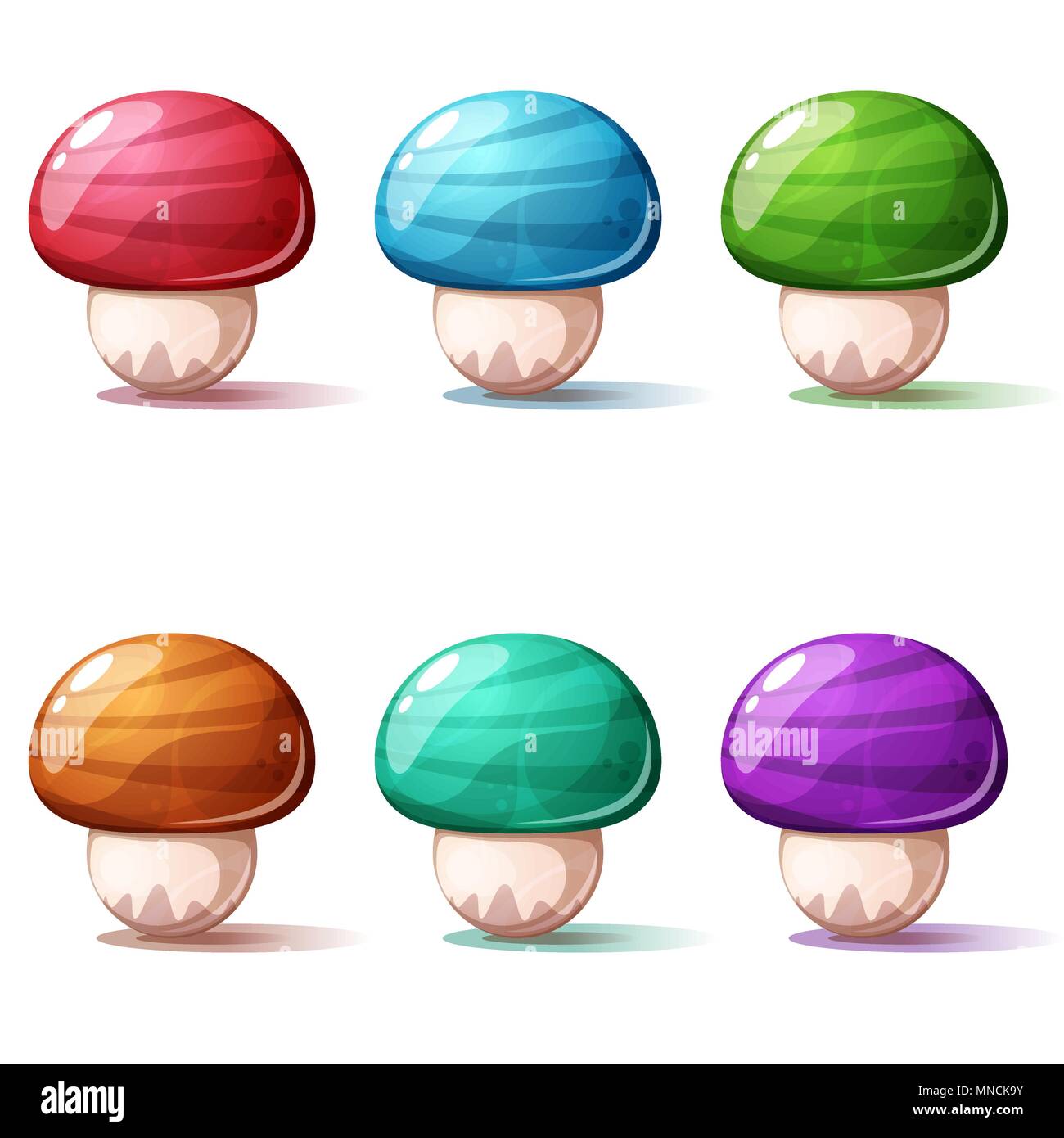 Cartoon Set champignon. Rouge, bleu, vert, jaune, rose. Illustration de Vecteur