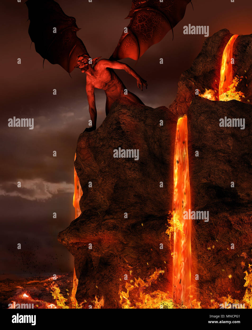 L'image rendue d'un diable ou démon regardant le brasier de flammes de l'enfer Banque D'Images