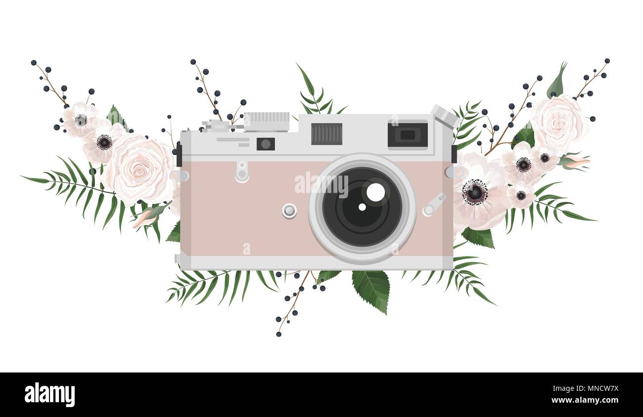 Vintage Retro photo caméra dans les fleurs, feuilles, branches sur fond blanc. Illustration de Vecteur