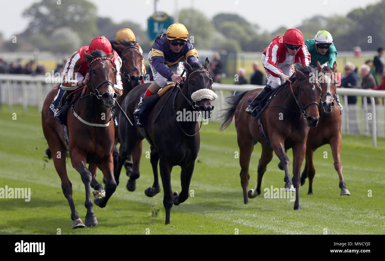 Donner et prendre monté par James Doyle (à gauche, marron et blanc manches longues) gagne la Musidora Tattersalls Stakes au cours de la première journée du Festival à Dante 2018 hippodrome de York, New York. Banque D'Images