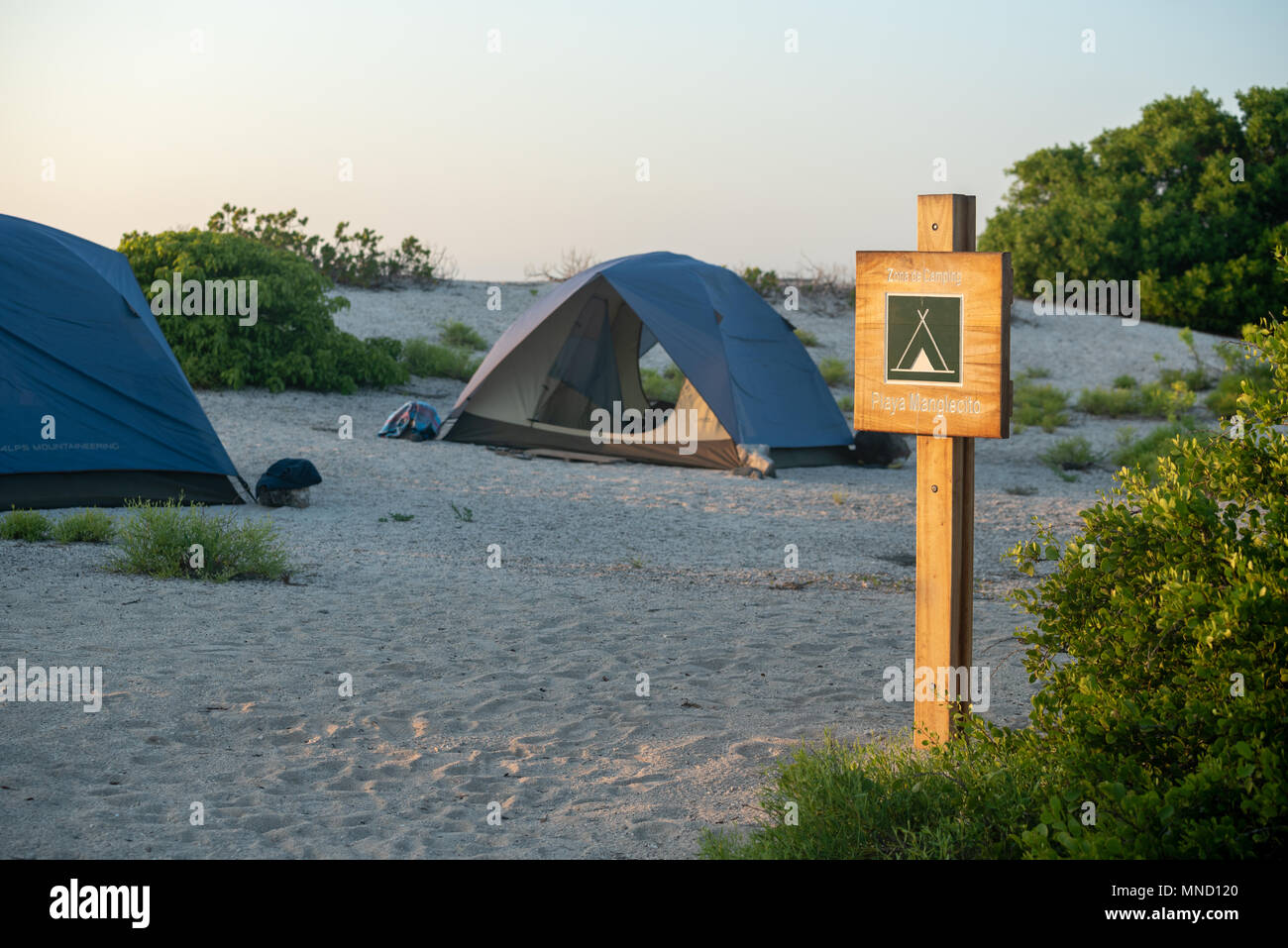 Plage Manglecito camping sur l'île de San Cristobal dans les îles Galapagos de l'Équateur. Banque D'Images