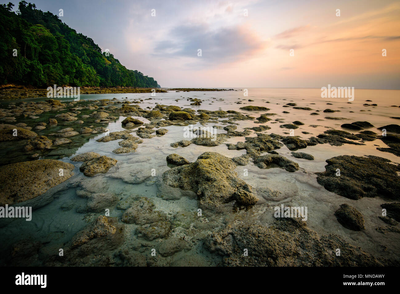 Parsemées autour de roches dans les eaux peu profondes à Radhanagar beach à Havelock island dans les îles Andaman et Nicobar, archipel de l'Inde. Banque D'Images