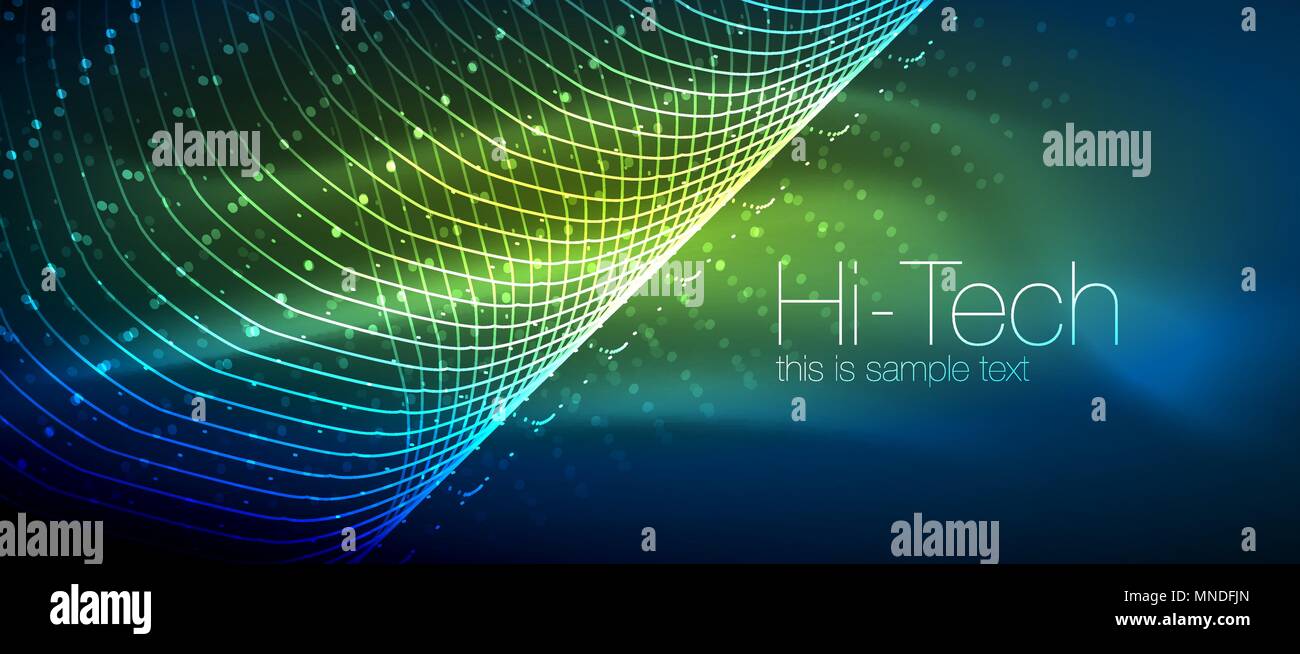 Hi-tech techno futuriste, l'arrière-plan des formes au néon et points. Hi-tech techno futuriste, l'arrière-plan des formes au néon et points. Connexion Technologie, big data, parsemé de couleurs bleu vert, structure Illustration de Vecteur
