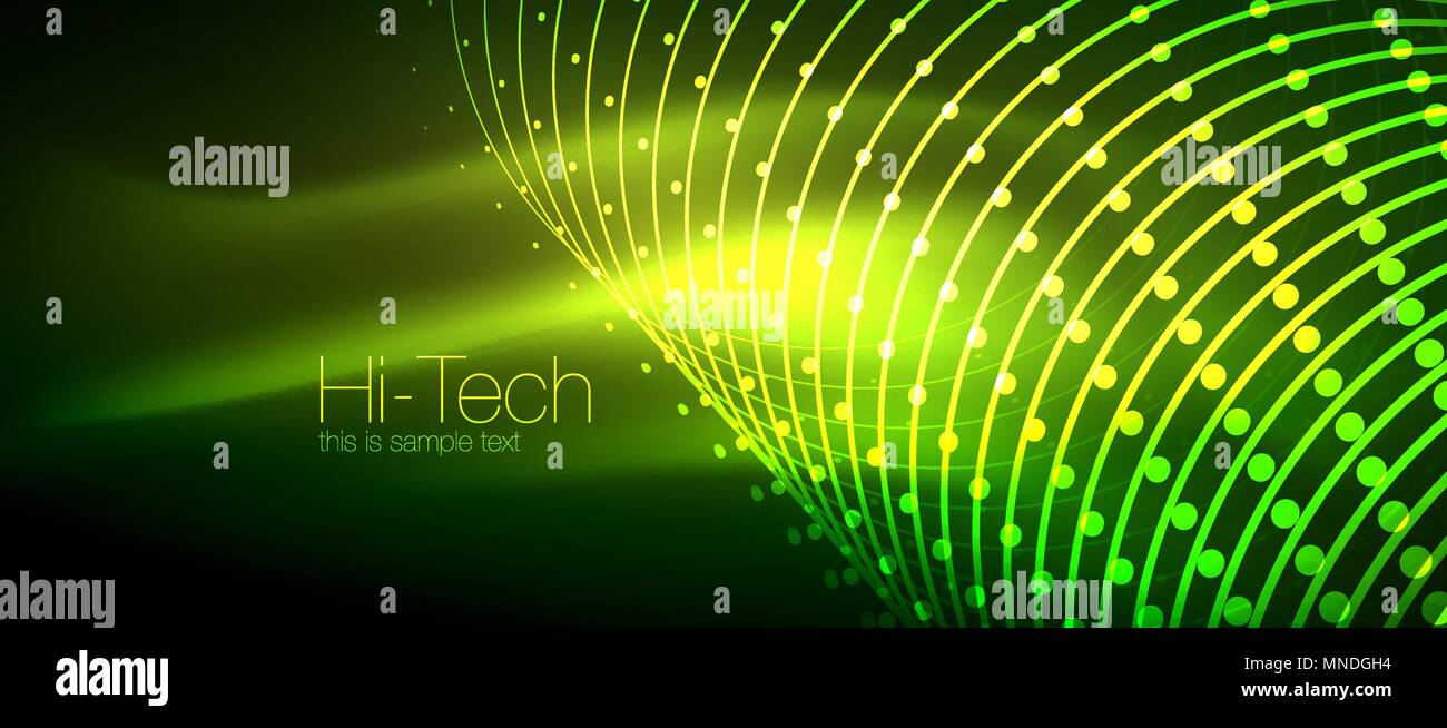 Hi-tech techno futuriste, l'arrière-plan des formes au néon et points. Hi-tech techno futuriste, l'arrière-plan des formes au néon et points. Connexion Technologie, big data, couleur verte, structure en pointillés Illustration de Vecteur