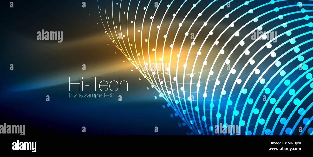 Hi-tech techno futuriste, l'arrière-plan des formes au néon et points. Hi-tech techno futuriste, l'arrière-plan des formes au néon et points. Connexion Technologie, big data, en pointillé, la structure et l'orange bleue Illustration de Vecteur
