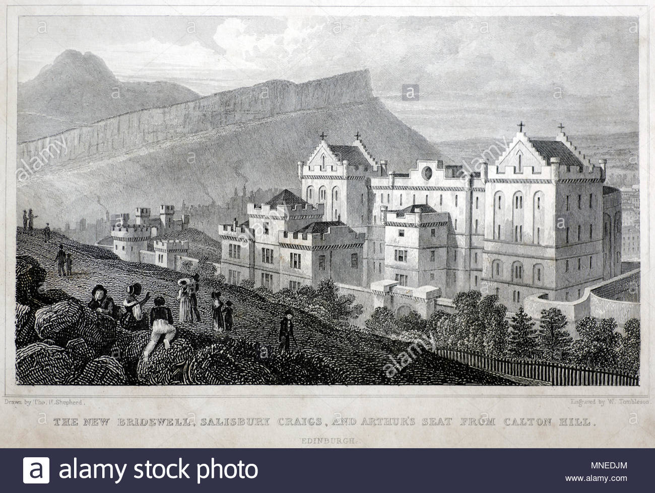 Le nouveau Bridewell, Salisbury Crags et Arthur's Seat à partir de Calton Hill, Édimbourg, gravure ancienne de 1829 Banque D'Images