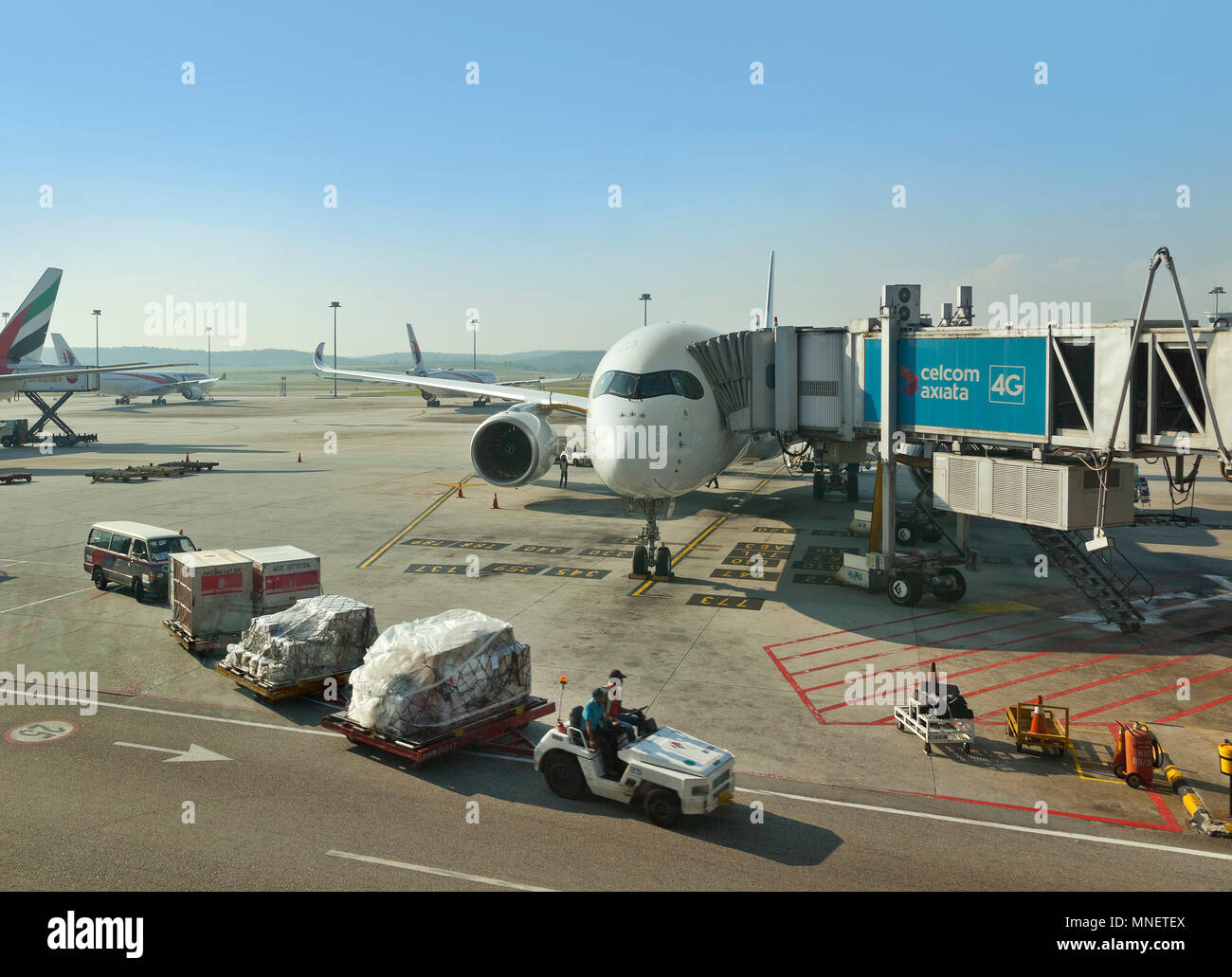 Du côté du fret de l'aéroport, scène off loading cargo, passagers d'avions en place du tunnel Banque D'Images