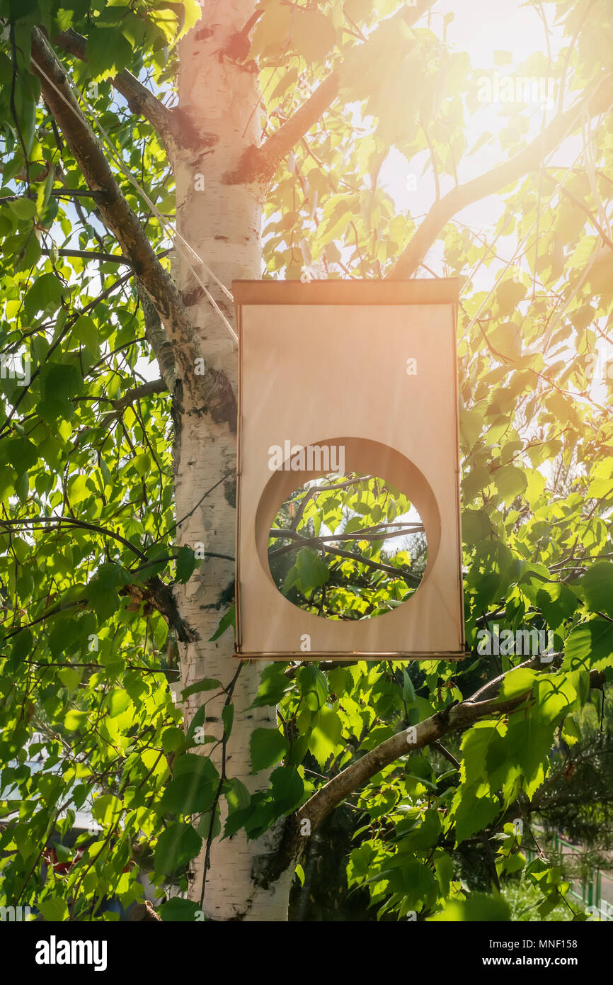 Wooden birdhouse sur un bouleau dans un parc forestier, en bois fait main abri aux oiseaux pour passer l'hiver. Un endroit pour nourrir les oiseaux Banque D'Images