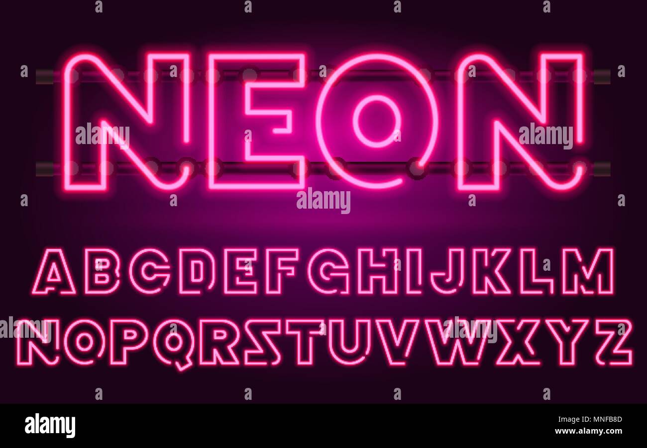 80 s de vert fluorescent retro font. Lettres chrome futuriste. Alphabet clair sur fond sombre. Symboles de lumière signe pour night show en club. concept de l'espace galaxy. Ensemble de types. La version décrite. Illustration de Vecteur