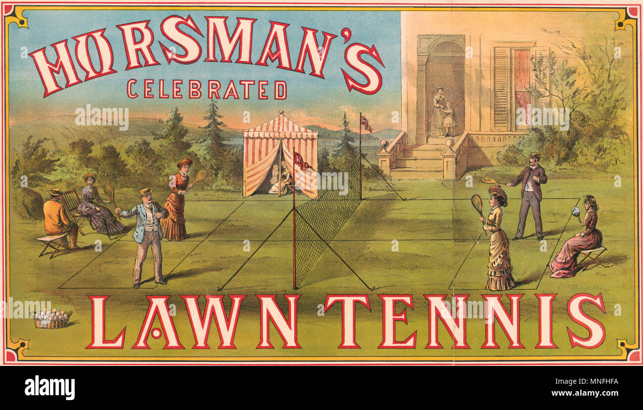 Horsman est célébré de tennis sur gazon - impression a des adultes jouant un double jeu de tennis sur gazon avec une grande maison à l'arrière-plan. 1882 Banque D'Images