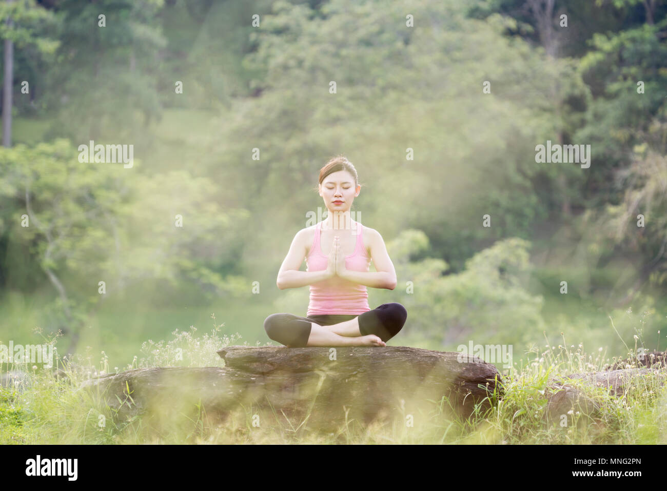 Belle jeune femme asiatique pratiquant le yoga dans le jardin Banque D'Images