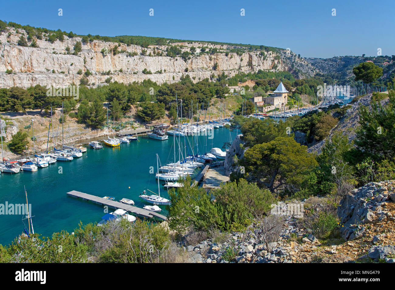 Calanque de Port Miou, fjord naturel utilisé comme Marina, Calanques, Bouches-du-Rhône, de la Côte d'Azur, France Sud, France, Europe Banque D'Images