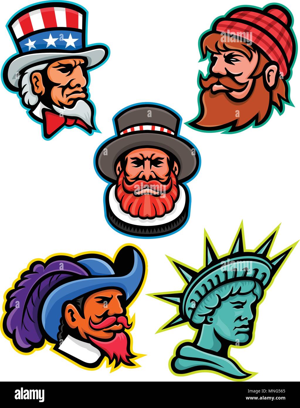 L'icône illustration mascotte ensemble de chefs de mascottes américaines et britanniques tels que l'Oncle Sam, Paul Bunyan lumberjack, Beefeater ou Yeoman, Cavalier ou Musc Illustration de Vecteur