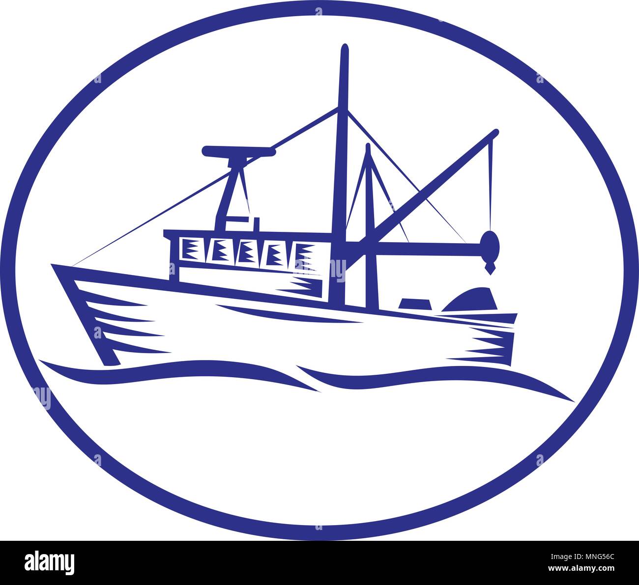 Retro style gravure sur bois illustration d'un bateau de pêche commercial défini à l'intérieur de la forme ovale sur fond isolé. Illustration de Vecteur