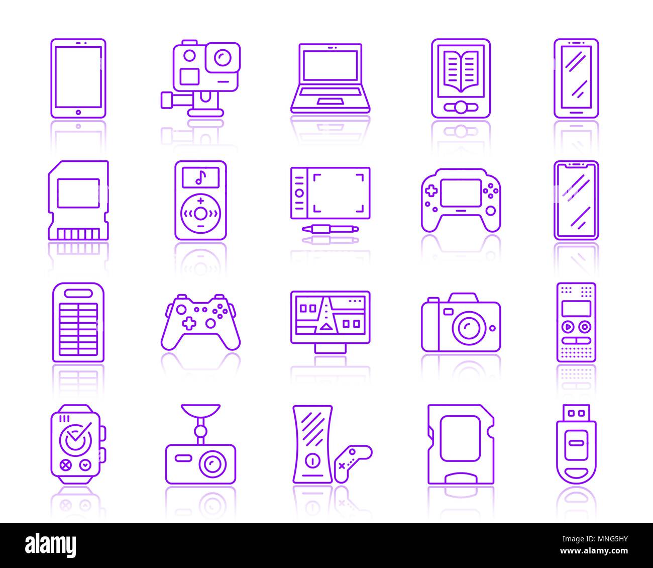Fine ligne périphérique icons set. Contours monochromes vecteur web sign kit du gadget. L'icône de la ligne de l'électronique collection comprend la console, tablette, ordinateur portable. Simpl Illustration de Vecteur