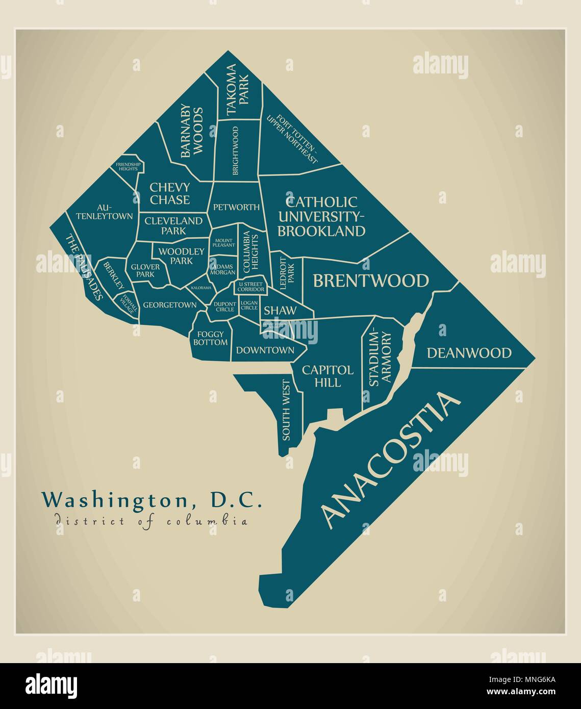 Plan De La Ville Moderne Washington Dc City Des Usa Par Les Quartiers Et Les Titres Image Vectorielle Stock Alamy