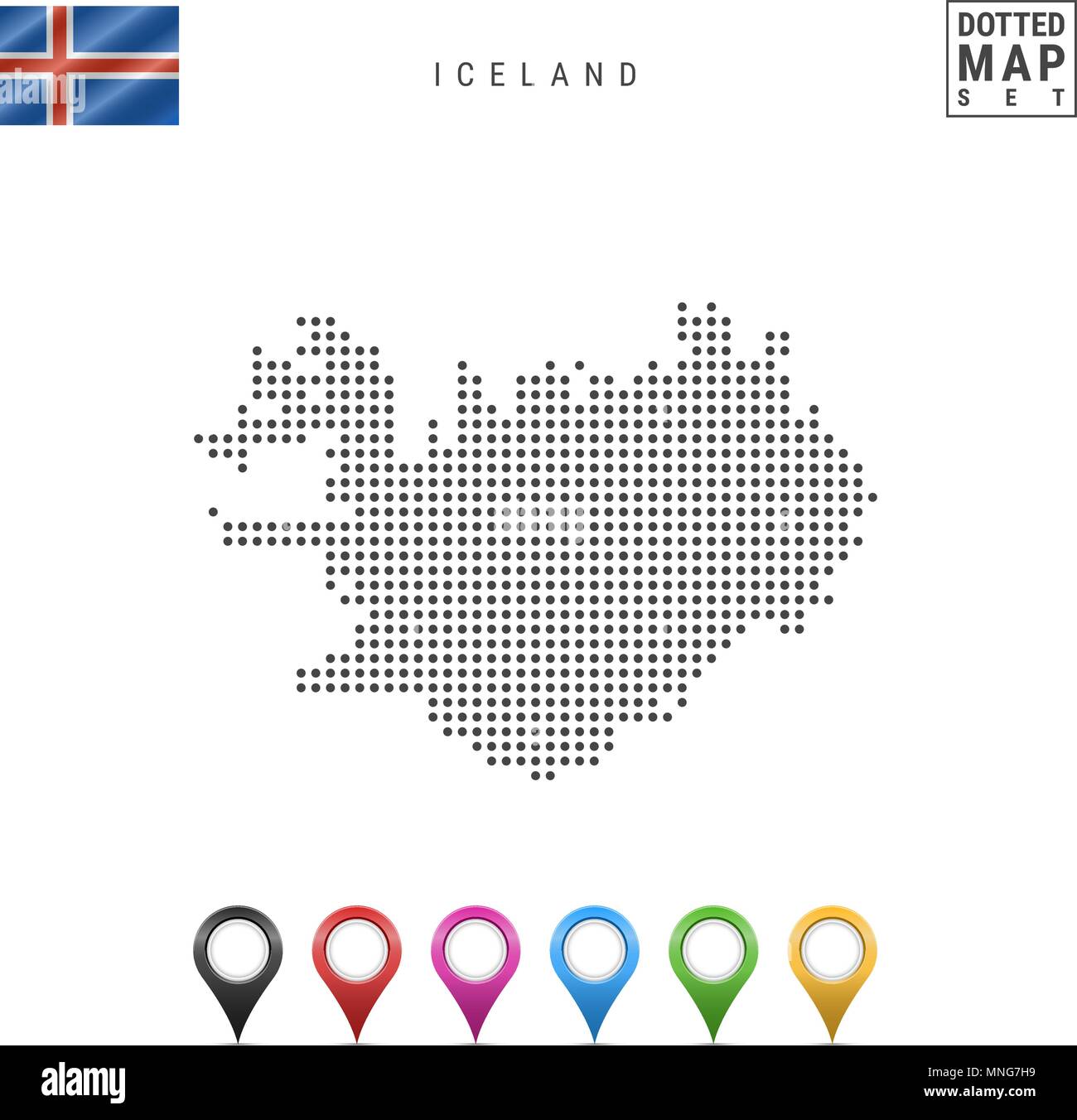 Carte de l'Islande en pointillés. Silhouette simple d'Islande. Le drapeau national de l'Islande. Ensemble de marqueurs de la carte multicolore. Vector illustration isolé sur blanc Illustration de Vecteur