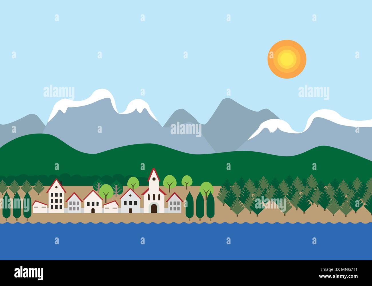 Petite ville avec une église sur la rivière ou le lac, près d'une forêt avec les montagnes enneigées et collines en arrière-plan, sous un ciel bleu avec le soleil - vector Illustration de Vecteur