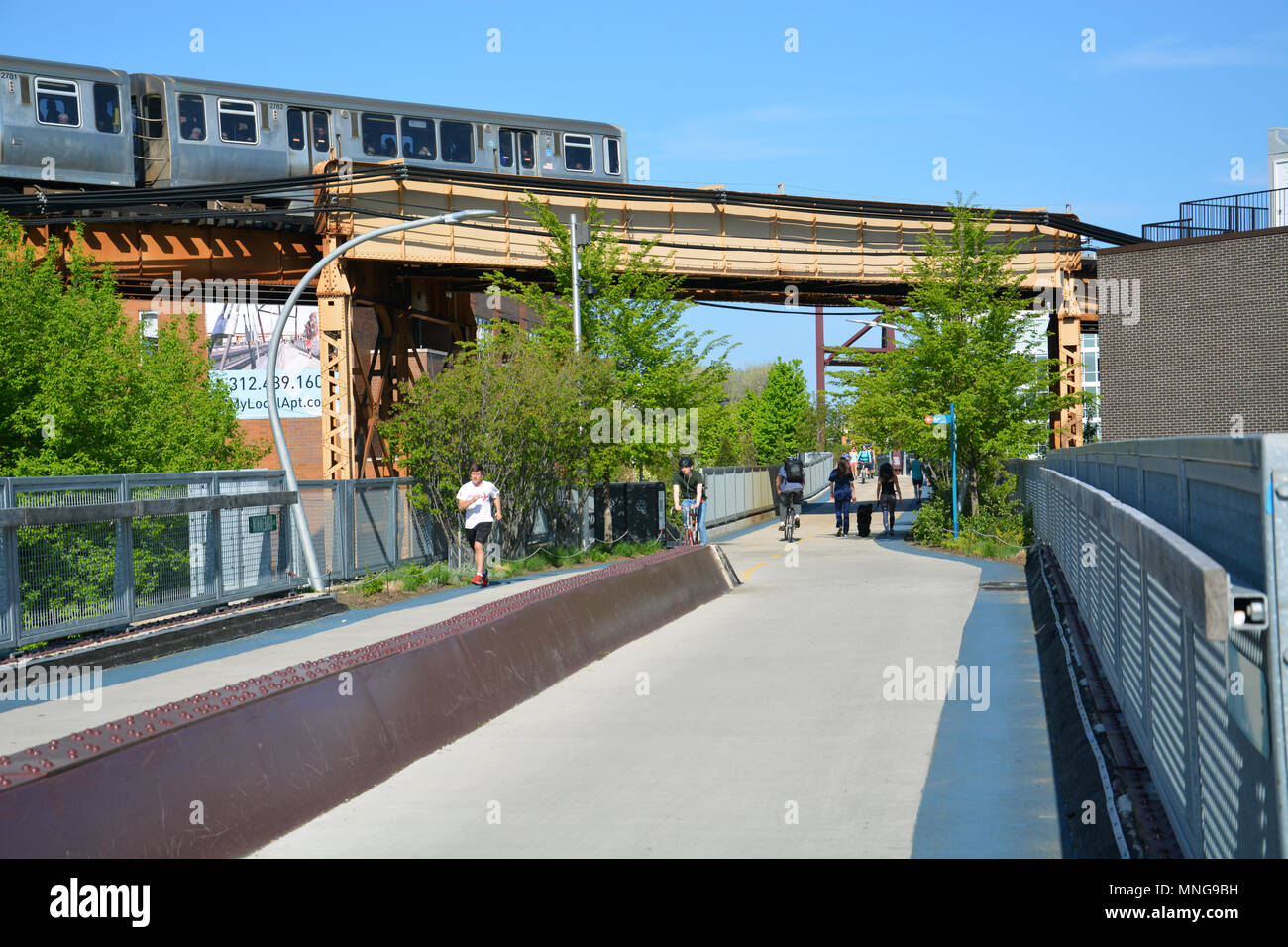 En passant sous l'CTA blue line, le sentier 606 est une ancienne ligne de train de marchandises surélevée offrant un quartier unique en marche et bicyclette path Banque D'Images