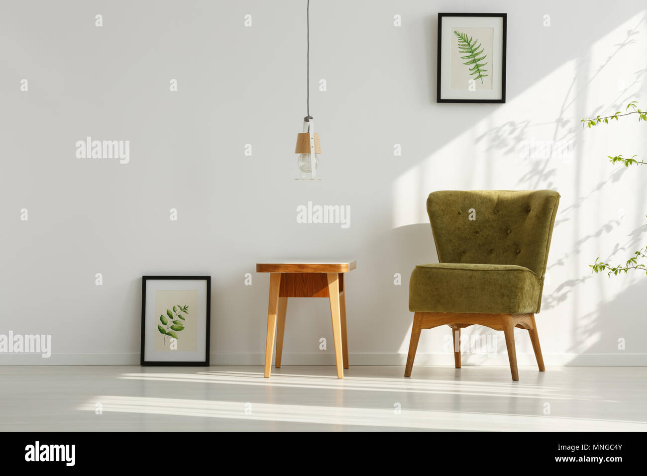 Chambre blanche avec fauteuil, table en bois vert et affiches botanique Banque D'Images