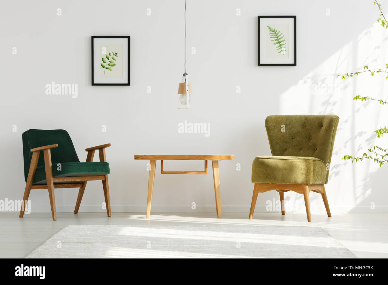 Appartement blanc vert avec fauteuils, table, lampe, feuille d'affiches Banque D'Images