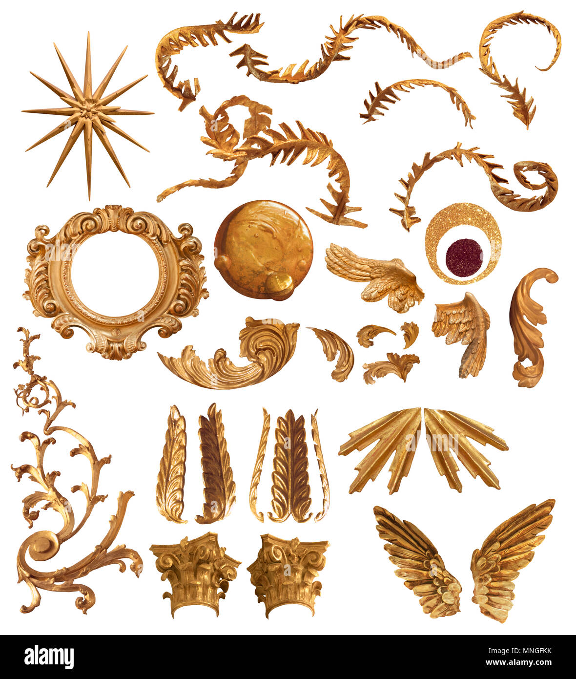 Plume d'or anciens éléments formes et ornements collection, vient avec chemins de détourage, isolated on white Banque D'Images